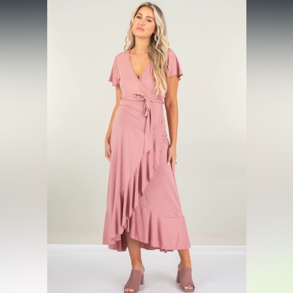 NEW Maternity Faux Wrap Butterfly Sleeve Dress with Ruffles in Light Pink - Picture 2 of 7